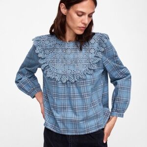 Zara Plaid Embroidery Top XS